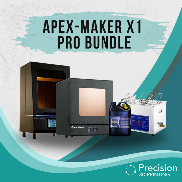 Apex Maker X1 Pro Bundle - a complete package featuring the Apex Maker X1 Pro printer, Monocure3D 5L Tensile Resin, and essential accessories for professional 3D printing.