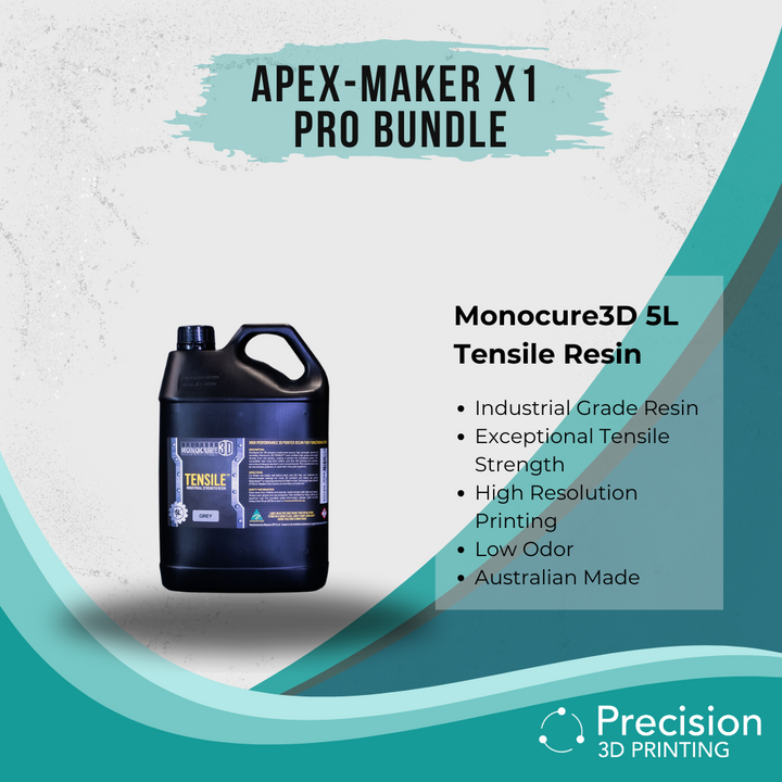 Apex Maker X1 Pro Bundle including Monocure3D 5L Tensile Resin - designed for professional-quality 3D printing.