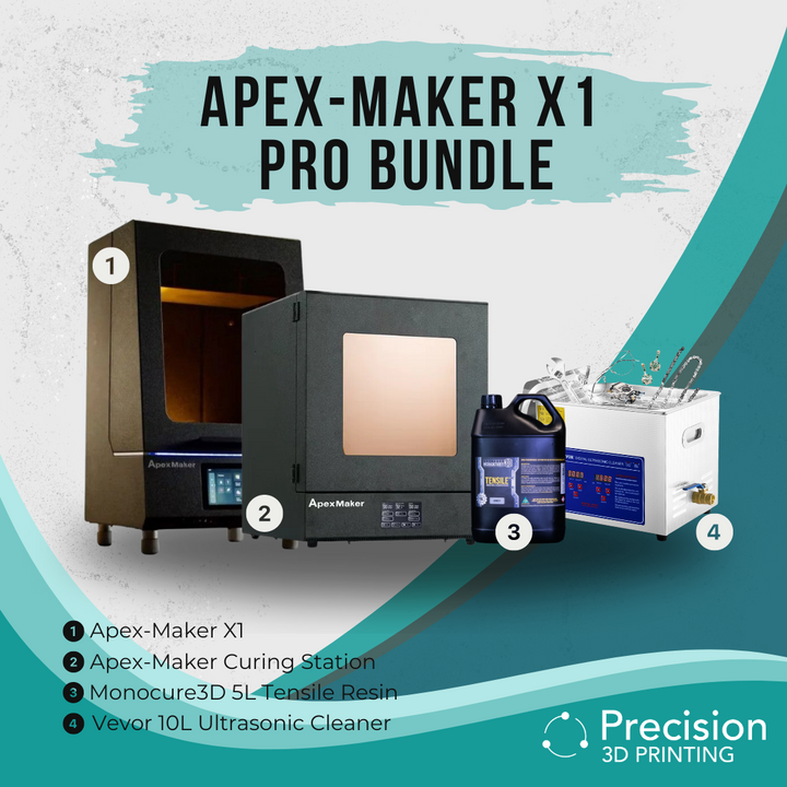 Apex Maker X1 Pro Bundle - complete package featuring the printer, Monocure3D resin, and essential accessories for professional 3D printing.