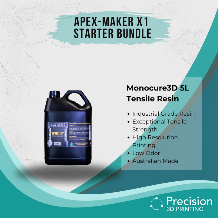 Apex Maker X1 Starter Bundle featuring Monocure3D 5L Tensile Resin - perfect for high-quality 3D printing.