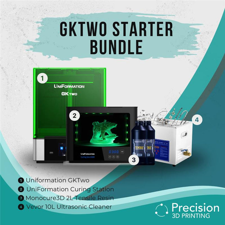 Uniformation GKTwo Starter 3D printer bundle with curing station, resin, and cleaner for sale in Australia.